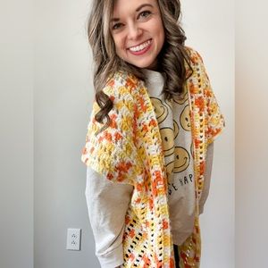 Vintage Yellow Orange Granny Chic Crochet Cardigan Sweater size XL